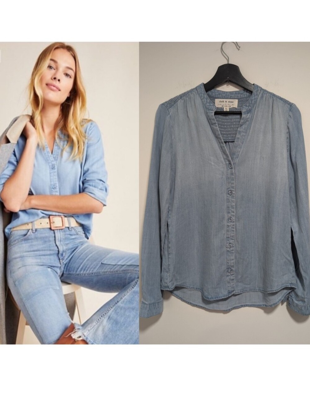 Anthropologie Cloth & Stone | Smocked Chambray Buttondown